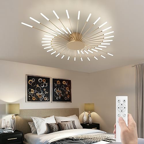 AHXIAOZN Ceiling Light Modern LED Ceiling Lamps,Flower Shape Ceiling Lights, Flush Mount Chandelier, Fireworks Ceiling Light,3 Color/3000-6500K(Gold, 42 Heads) by AHXIAOZN - Image 2