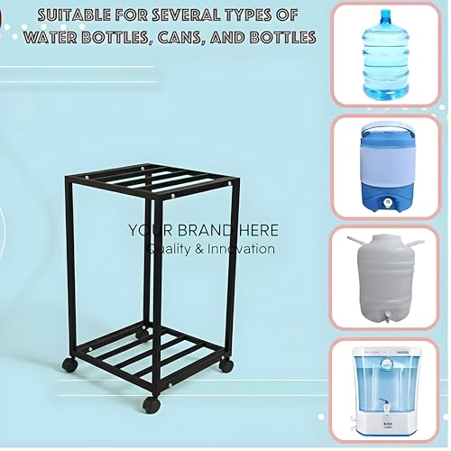 Image of 2-Tier Metal Water Dispenser Stand with Lockable Wheels ? Heavy-Duty Black Frame Cart for 20?25L Bottles, Cans & Jars | Multifunctional Kitchen & Home Storage and Mobility Solution (Black)