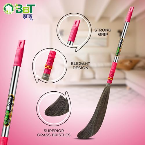 Image of BBT Phool Jhadu | Natural Grass Broom Stick for Home Cleaning | Eco-Friendly Long Handle Jhadu | Anti Dust, Lightweight & Durable Pack of- (1, BAHUBALI GAJRA)