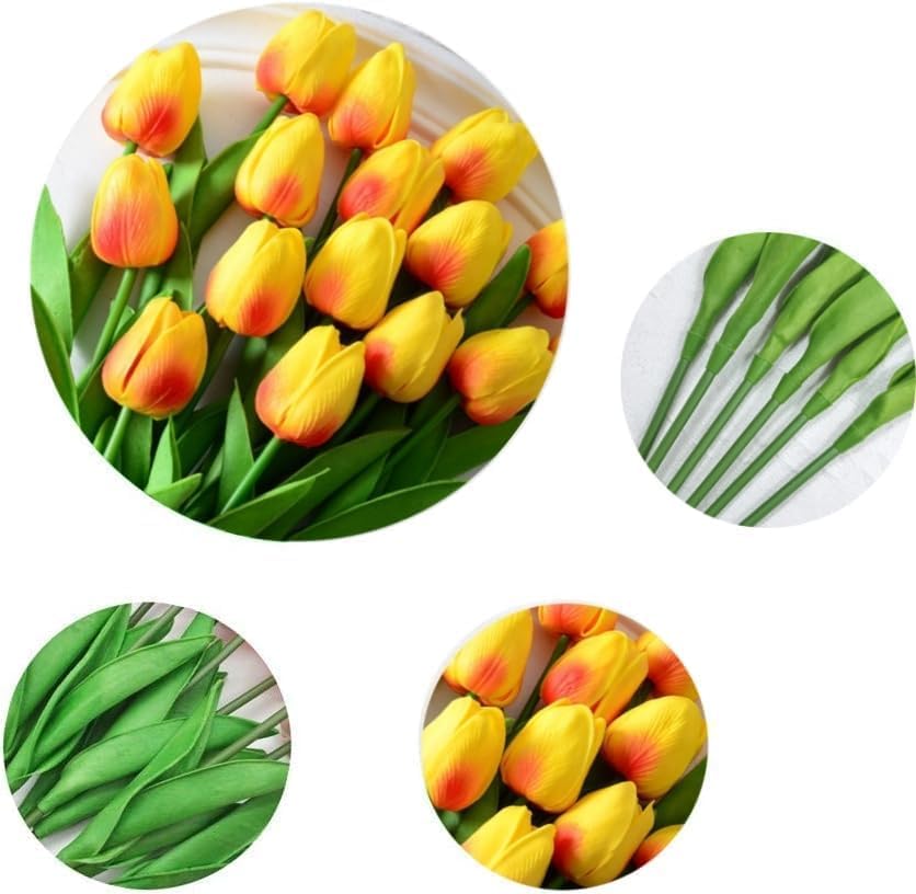 Image of Artificial Tulip Flower Stems (Pack of 5, Vase Not Included) - Realistic Faux Flowers for Home Decor, Living Room, Bedroom, Office, Wedding Decoration (Yellow Shade)