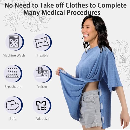 Image of Unisex Post Shoulder Surgery Shirts Recovery Tear Away Short Sleeve Chemo Clothing with Stick On Fasteners, Convenient