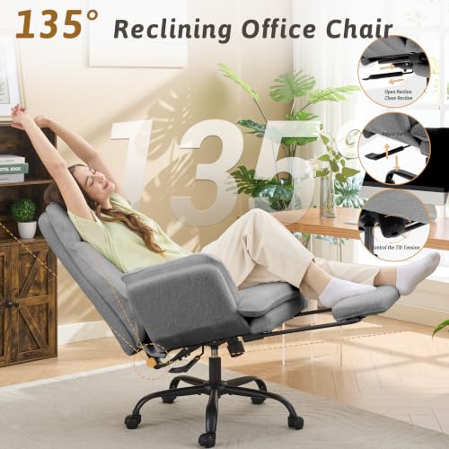 Image of Wider Seat Office Chair with Flip Armrests for Criss Cross Legged&Cats, Big and Tall Executive Ergonomic Reclining Chair with Footrest&Lumbar Pillow, Teddy Fleece Desk Chair,Grey Vanity Chair