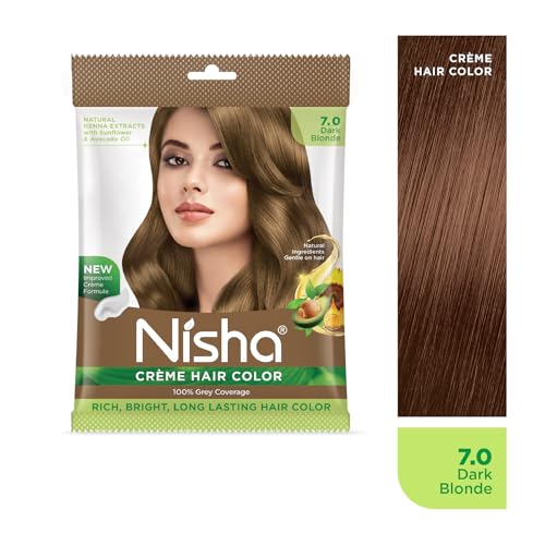 Image of Nisha Cream Permanent Hair Colour for Women & Men, Dark Blonde - 100% Grey Coverage, Long Lasting Hair Dye, Deep Shine & Conditioning with Natural Herbs, 50g (Pack of 4)