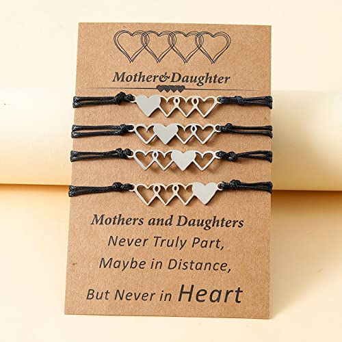 Mother Daughter Bracelets Set for 2/3/4 Mommy and Me Heart Matching Wish Bracelets Christmas Birthday Gifts for Mommy Daughter4