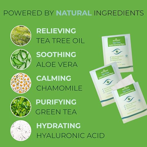 noveha 60pcs tea tree oil eyelid amp lash wipes  with hyaluronic acid green tea amp chamomile for blepharitis itchy amp stye eyes individually wrapped natural eyelash makeup remover amp daily cleanser