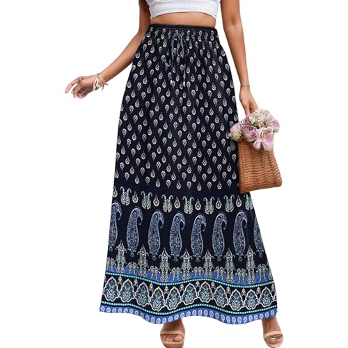 Women's Boho Floral Skirt High Waist Elastic Pleated Maxi Skirts Casual A Line Flowy Trendy Long Skirt with Pockets
