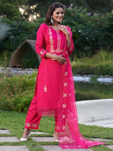 Image of INDO ERA Women's Embroidered Silk Blend Calf Length Straight Kurta Pant With Dupatta Set (IEOUT7451 X-Small)