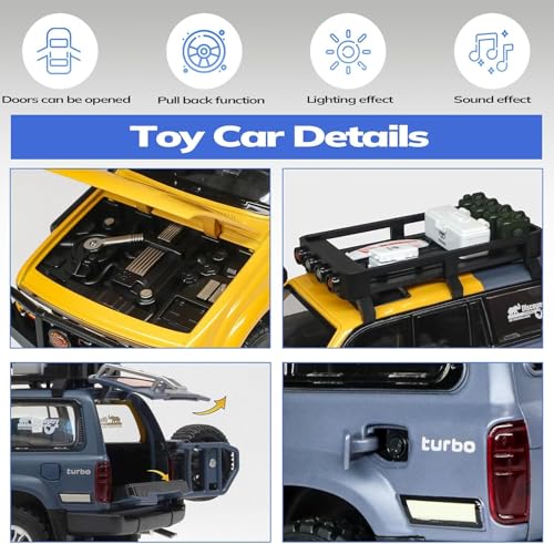 Image of 1:24 Scale Diecast Land Cruiser LC80 Model Car - Metal Pull Back Toy with Opening Doors, Lights & Sounds - Collectible Toy SUV for Boys Age 3-8, Certified Safe Gift for Kids (Yellow)