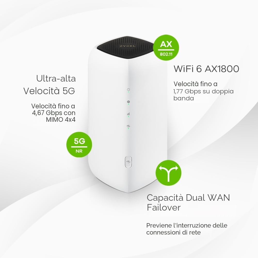 Zyxel Router 5G con SIM | 4.67 Gbps Router 5G Interno | AX1800 WiFi 6 | Cloud Management | 64 Dispositivi | Dual WAN | Porte Gigabit LAN [FWA505]