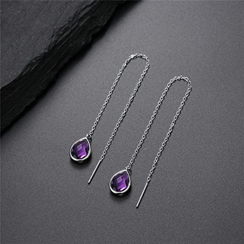 Jupiter Natural Amethyst Threader Earrings For Women Girls, Genuine Gemstone Birthstone Dangle Earrings Fashion Jewelry Gifts For Valentine's Day, Mother's Day, Birthday(7X10Mm Amethyst) #TOP2