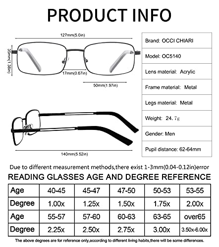 Image of OCCI CHIARI Rectangle Metal Frame Reading Glasses for Men Blue Light Blocking Readers