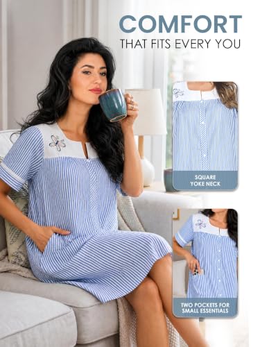 Image of Casual Nights Women's Snap - Front House Dress Short Sleeve Woven Housecoat Duster Lounger Robe with Pockets
