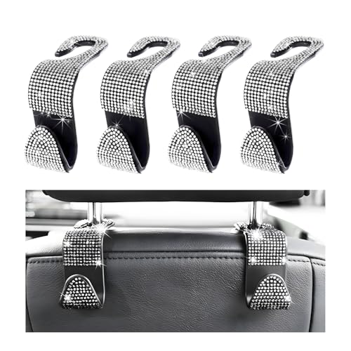 ZNDAW 4 PCS Car Seat Headrest Hooks, Bling Crystal Rhinestone Back Seat Hanger Storage Organizer, Sparkly Seatback Holder Hooks for Purse and Bags Universal For Most Vehicles (Silver)