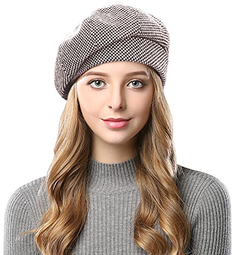 Wantonfy Damen Barett Wolle Baskenmütze Hahnentrittmuster Britischer Stil Vintage Barette Mütze Mode Lässige Wintermütze für Herbst Winter Cover