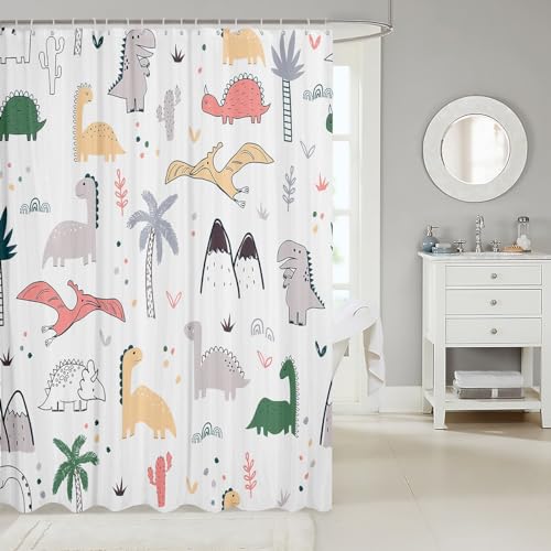 Image of Baby Dinosaur Bathroom Shower Curtain Set Kids Cartoon Dinosaurs Shower Curtain Nursery Dino Bath Curtain for Child Boys Girls Jungle Animals Waterproof Shower Curtain with Hooks Room Decor 72x84 Inch