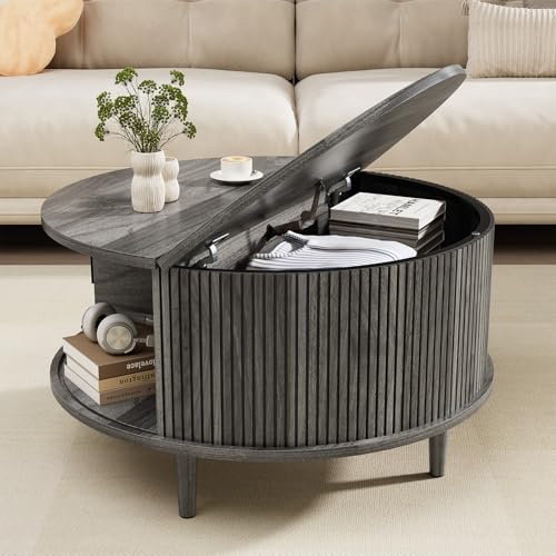 Image of Round Coffee Table with Storage, Mid Century Modern Coffee Table, Fluted Dining Table with Sliding Door, Circle Coffee Table for Living Room Home Office, 31.5 inch, Gray