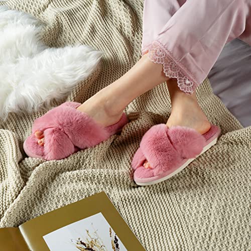 Women's Cross Band Slippers Fuzzy Soft House Slippers Plush Furry Warm Cozy Open Toe Fluffy Home Shoes Comfy Indoor Outdoor Slip On Breathable Pink 7-8 #TOP5