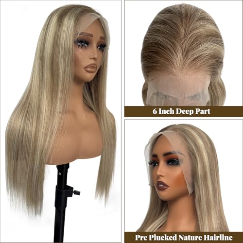 Image of 20 Inch Ombre Lace Front Wig Human Hair #8T18 /60 Ash Brown to Blonde HD Lace Front Wigs Human Hair Pre Plucked Glueless 180% Density Balayage Highlights 13x6 Straight Lace Frontal Wigs for Women