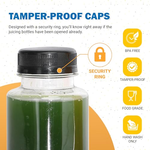 Holotap 108 Pcs 16 OZ Disposable Juice Bottles with Caps Bulk, Empty Plastic Bottles with Black Tamper Evident Lids for Juicing, Protein Drinks and Other Beverage Drink Containers.
