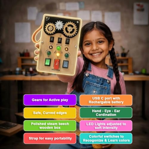 Image of Gear-Pad (Non-Motorised) Rechargable | Montessori Busy Board by Thinkwud, BIS Certified, Wooden Toy for Toddlers Kids 1-6Years, Fine Motor Skill Development, Screen-Free Activity Board, Birthday Gift