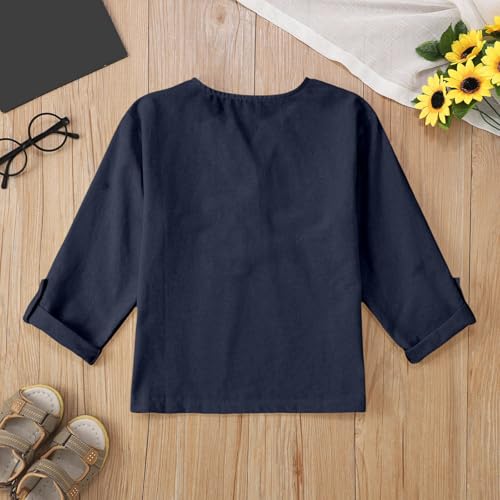 Kids Girls Long Sleeve Henley Shirts Solid Color V Neck Loose Breathable Blouse Tops 2025 Trendy Comfy Pullover Tees2