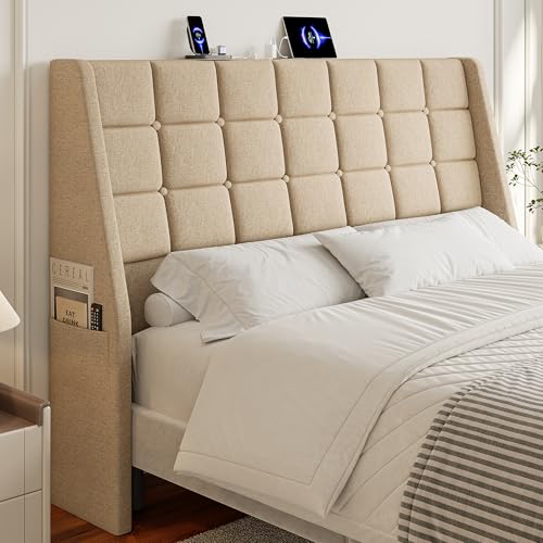 Image of Queen Size Headboard with Charging Station, Wingback Ergonomic Headboards | Wingback Upholstered Bed Head Board with Storage Pocket, Sturdy Stable Solid Wood Headboard, Bed Frame Adapters, Beige
