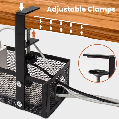 Image of Dyazo Under Desk Cable Management Tray | No-Drill Metal Mesh Rack with Clamp Mount | Wire Organizer Holder for Power Strips & Network Cables | Includes Zip Ties & Cable Clips for Home /Office - Black