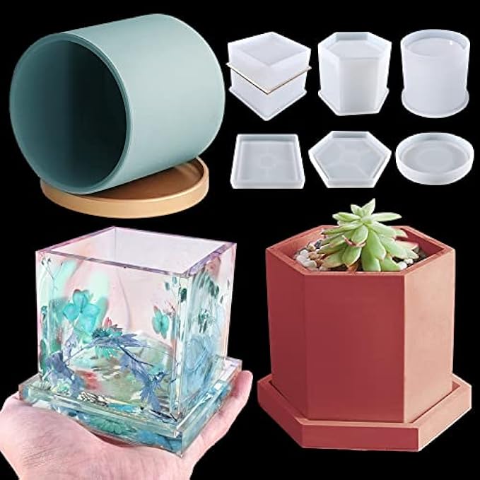 Set of 3 Large Silicone Plant Molds, Container Coasters Resin Concrete Molds, Cylinder Cube Hexagonal Silicone Molds for Candle Containers Succulent Plants Planters Pen Holder Jar, Handmade Craft Supp
