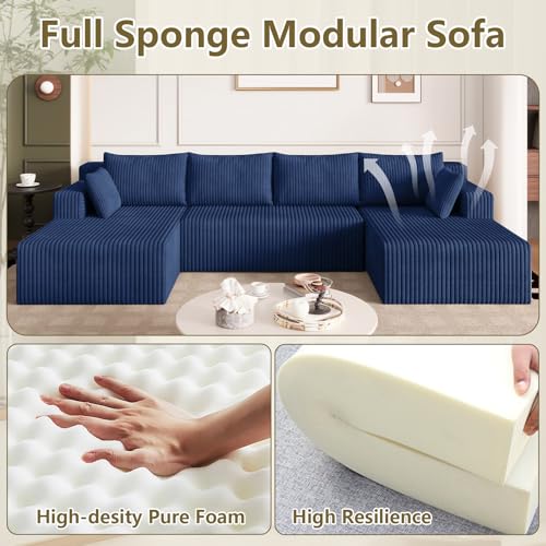 Image of 124 inch Modular Sectional Sleeper Sofa, Boneless Cloud Couch for Living Room, U Shaped 3 Seat Sofa with Deep Seat, Free Combination, Couch in a Box, No Assembly Required (Blue)