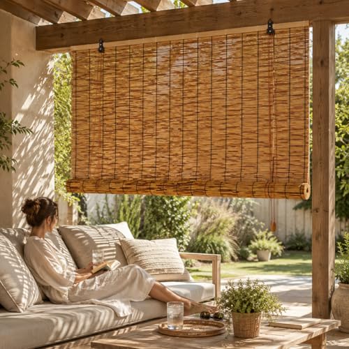 Premium Bamboo Roller Shades for Outdoor Patio Bamboo Roller Blinds for Interior Windows Bamboo Outdoor Blinds for Porch Patio Balcony Roll Up Window Shades Light Filtering