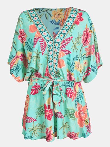 CUPSHE Women's Mini Dress V Neck Floral Half Dolman Sleeve Belted Loose Fit Short Summer Beach Dress4