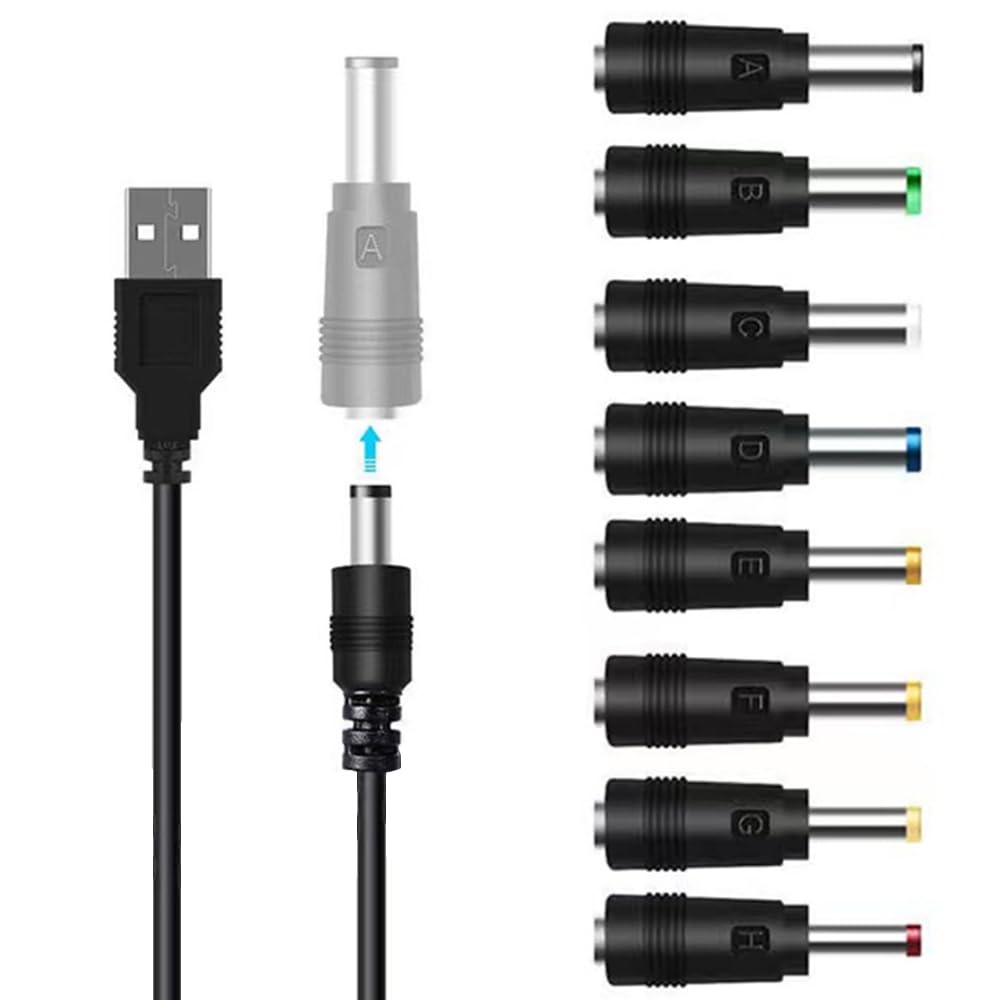 Vogourfify USB 電源ケーブル 8 in 1 DC 5V2A 電源ケーブル USB-丸口 変換プラグ付き DC充電コード 5.5x2.5/5.5x2.1mm 5V/2.0A 扇風機 ナイトライトルーターなどに適用 コネクタアダプタ (1本+8変換プラグ)