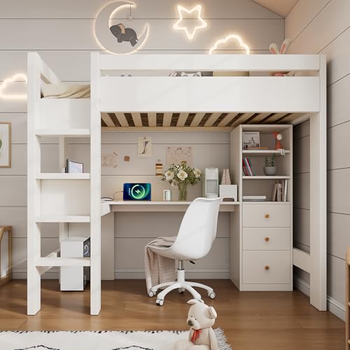 Merax Kinderbett Hochbett 90x200 cm, mit Schreibtisch(Ladefunktion), Stauschrank und Bücherregal, Multifunktionales Einzelbett mit Leiter und Stauraum, Ohne Matratze, Weiß/206x108x175cm Merax Kinderbett Hochbett 90x200 cm, mit Schreibtisch(Ladefunktion), Stauschrank und Bücherregal, Multifunktionales Einzelbett mit Leiter und Stauraum, Ohne Matratze, Weiß/206x108x175cm