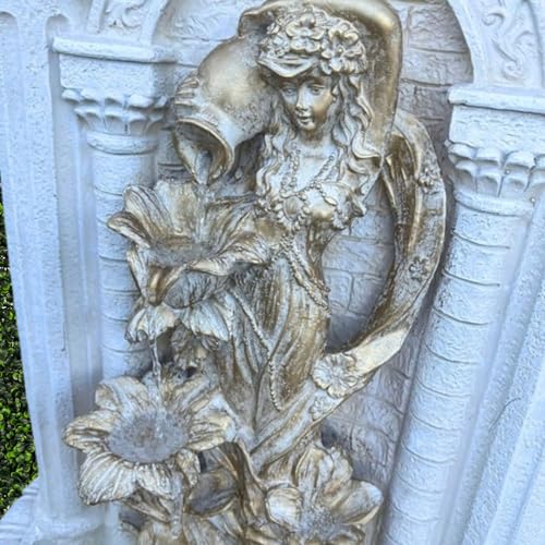 Image of XBrand 30.3 inch Solar Outdoor Wall Water Fountain with Gold Flower Maiden Statue, Cascading Antique Stone Design, Garden & Patio Waterfall Feature, Polyresin Construction, Cream White