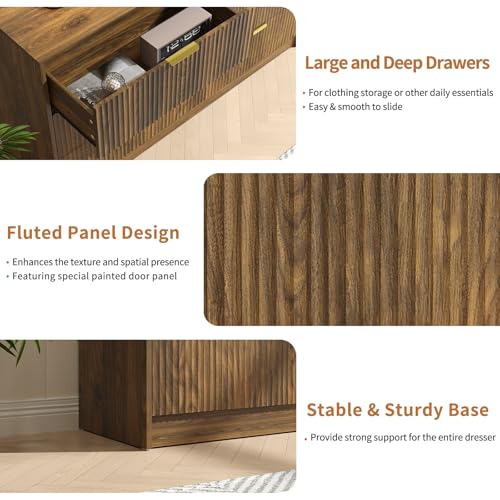 Image of Walnut 6 Drawer Dresser Bedroom,55 inch Wide Fluted Dresser Wood with Gold Handles,Mid Century Wooden Chest of Drawer for Closet,Bedroom,Living Room,Walnut