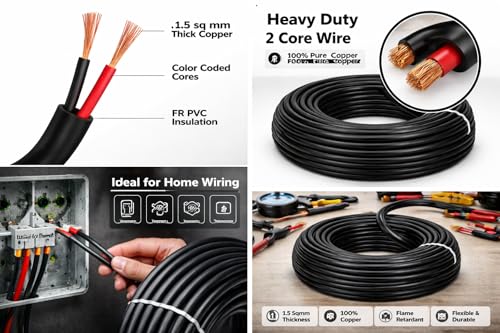 Image of Bunde 2 Core 1.5 Sq mm Copper Wire Cable | Heavy Duty Flexible Electrical Wire | FR PVC Insulated Twin Core Cable for Home Wiring, Inverter, LED, Appliances (20 METER)