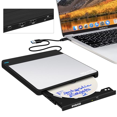 NOLYTH External CD/DVD Drive for Laptop: Burn DVDs and CDs for Files Data Backup Support M-Discs - Plug & Play for Mac Windows - Portable High-Speed with SD/TF/2 USB Ports