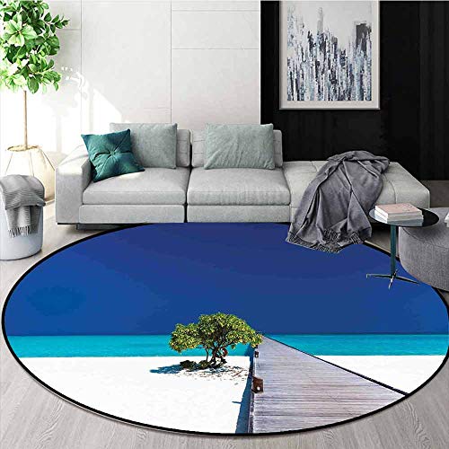 Beach 3D Printed Round Carpet Fantastic Beach with Wooden Platform Vibrant Ocean Sky