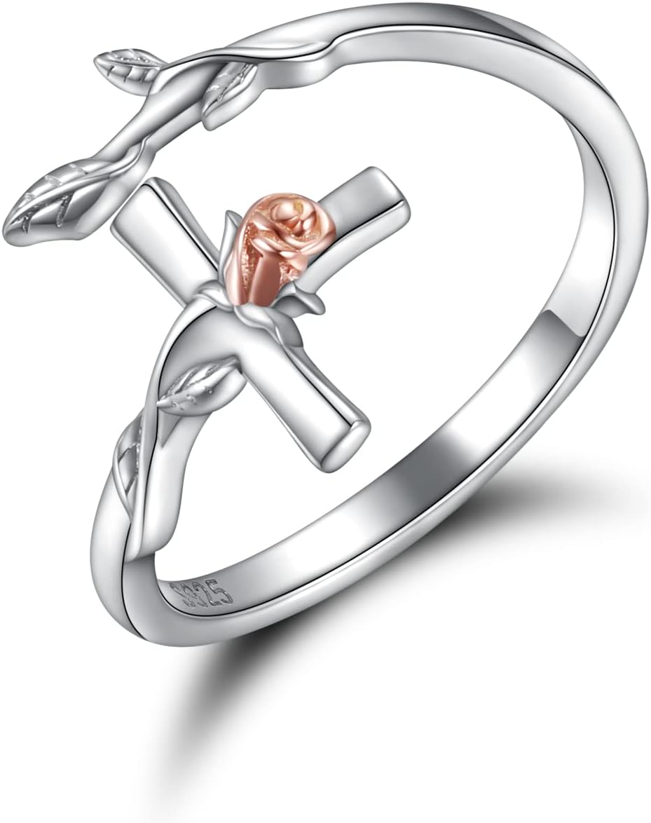 APOTIE Silver Rose Cross Ring for Women - Christian Purity Rings Pray Through It Cross Jesus Jewelry for Her Women