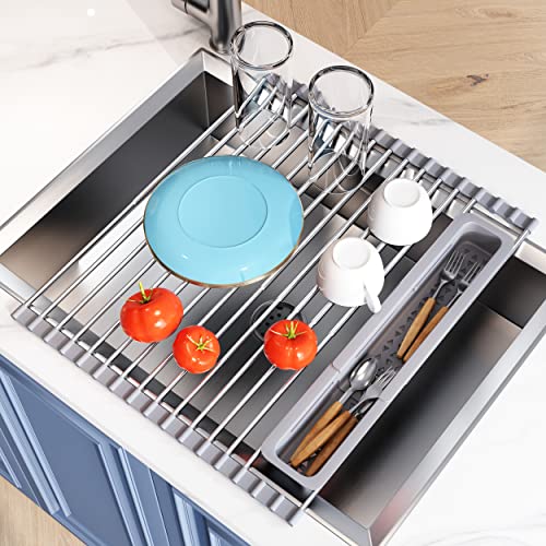 JASIWAY Over The Sink Dish Drying Rack for Kitchen, Expandable (12.8'-23.8' D x 15.5' W) Roll Up Dish Drainer with The Function of Fordable, Rust Proof, Large Sink Cover with Removable Utensil Holder