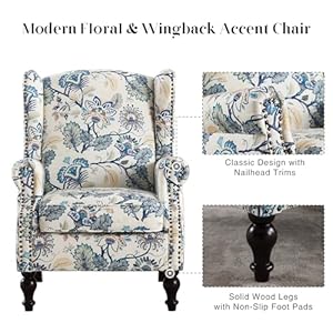 Accent chair for living room wingback floral accent chair with arms fabric printed armchair with nailhead trim and vintage legs comfy single sofa side reading chair for bedroom blue  urban country home decor