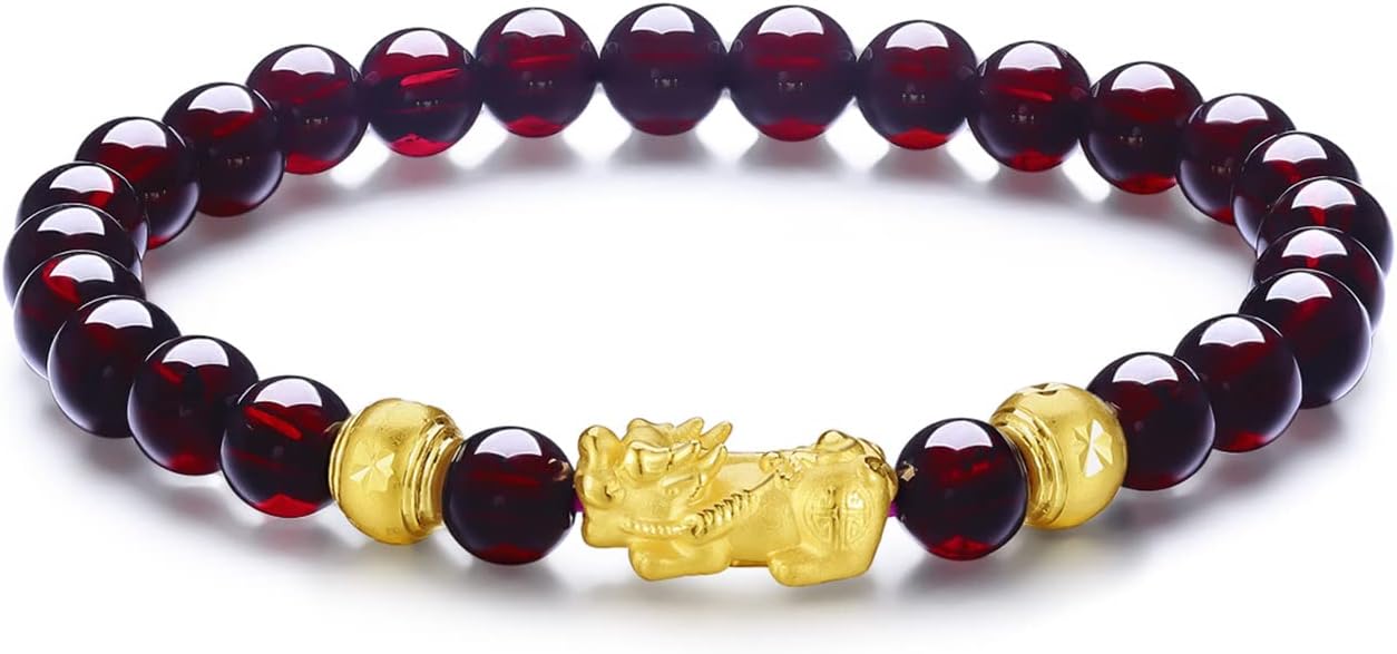 24K Solid Gold Bracelet for Women, Real Pure Gold Jewelry Fortune Pixiu Garnet Beaded Bracelet for Men