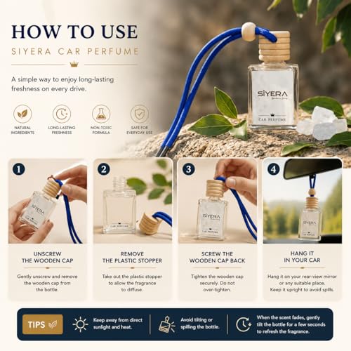 Image of SiYERA Hanging Car Perfume with Essential Oils | Car Air Freshener 10ml | Long-Lasting Aroma in Glass Bottle with Wooden Diffuser Lid (Camphor)