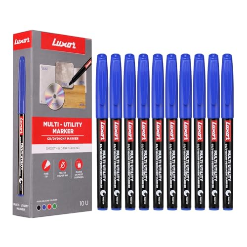 Image of Sign Print Lab Luxor Permanent Marker Pens (Black, Fine Tip, Pack of 10) – CD/DVD/OHP Surface Markers, Waterproof Ink for Marking, Writing, Drawing, Black Ball Pen (Blue)
