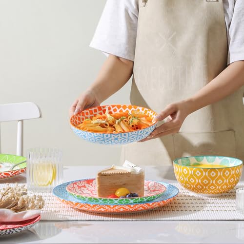 Image of Selamica Ceramic Plates and Bowls Sets,32 Pieces Dinnerware Sets for 8,Scratch Resistant Dish Set for family gathering,Dishwasher & Microwave Safe, Assorted Colors