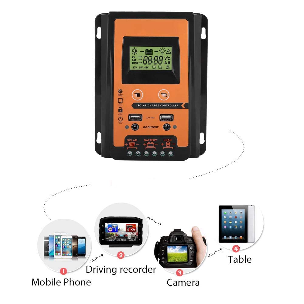 Laderegler 12V Solar, Akozon Solar Controller , MPPT Solarladeregler 12V / 24V Solarpanel Batterieregler Dual USB PWM Auto Paremeter Einstellbare LCD-Anzeige für Blei-Säure und