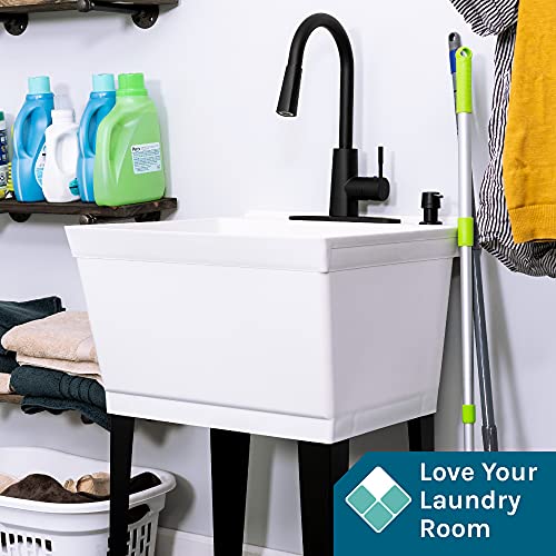 Image of VETTA White Utility Sink Laundry Tub With High Arc Black Kitchen Faucet By VETTA - Pull Down Sprayer Spout, Heavy Duty Slop Sinks For Washing Room, Basement, Garage, or Shop, Free Standing Tubs