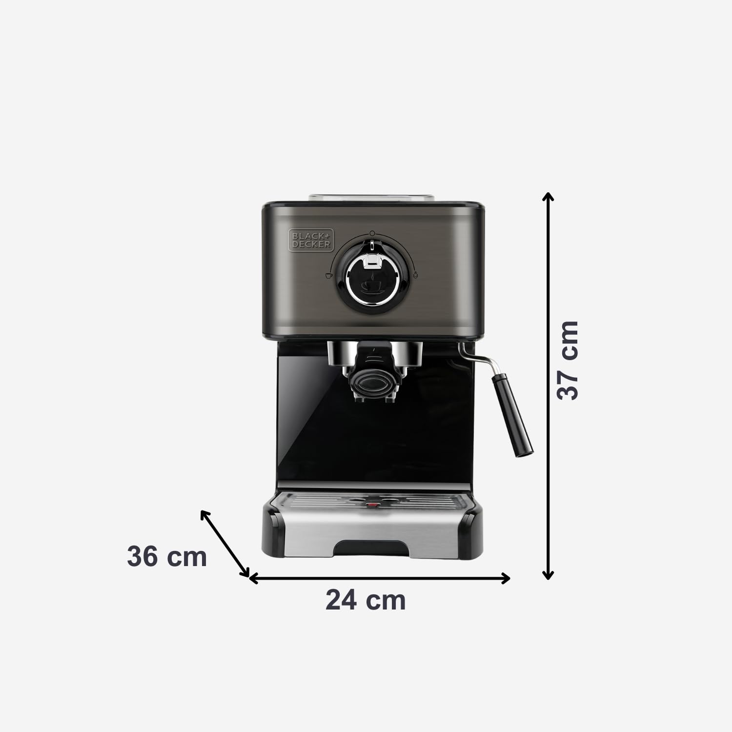 BLACK+DECKER BXCO1200E - Machine à Expresso 1200 W, 15 Bars, Réservoir 1,2 L, pour Dosette et Moulu, 2 Tasses, Buse Vapeur, Plaque Chauffante, Noir et Inox