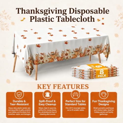Image of ATFUNSHOP Fall Thanksgiving Tablecloth 8 Packs Plastic Disposable Table Cloth 54x108 Rectangle Table Cover with Pumpkin & Maple Leaf for Holiday Dinner Party Decorations Outdoor Picnic & Baby Showers