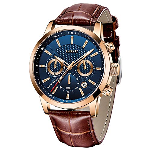 LIGE Men Watches Gents Fashion Elegant Sport Analog Quartz Chronograph Watch for Man Male Classic Casual Waterproof Watch Brown Leather Blue Gents Dress Watch